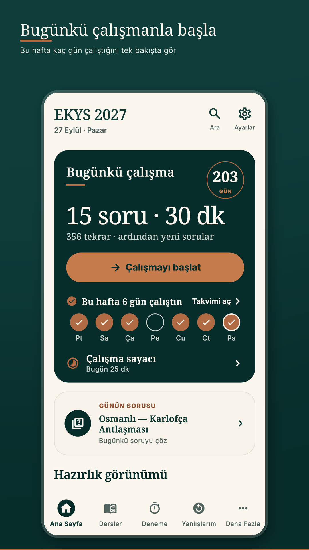 EKYS 2027 ana sayfası, bugünkü çalışma ve haftanın çalışma günleri, telefon görünümü