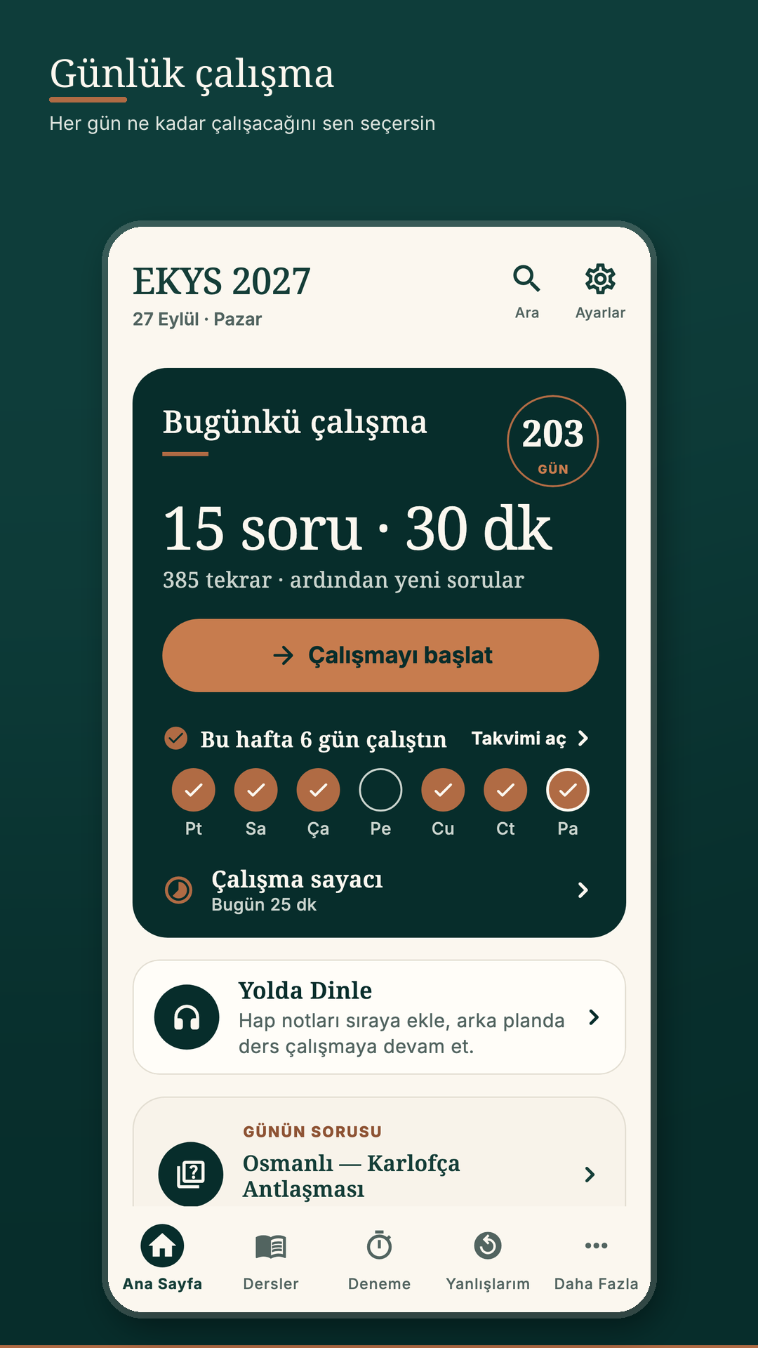 EKYS 2027 ana sayfası, bugünkü çalışma ve haftanın çalışma günleri, telefon görünümü