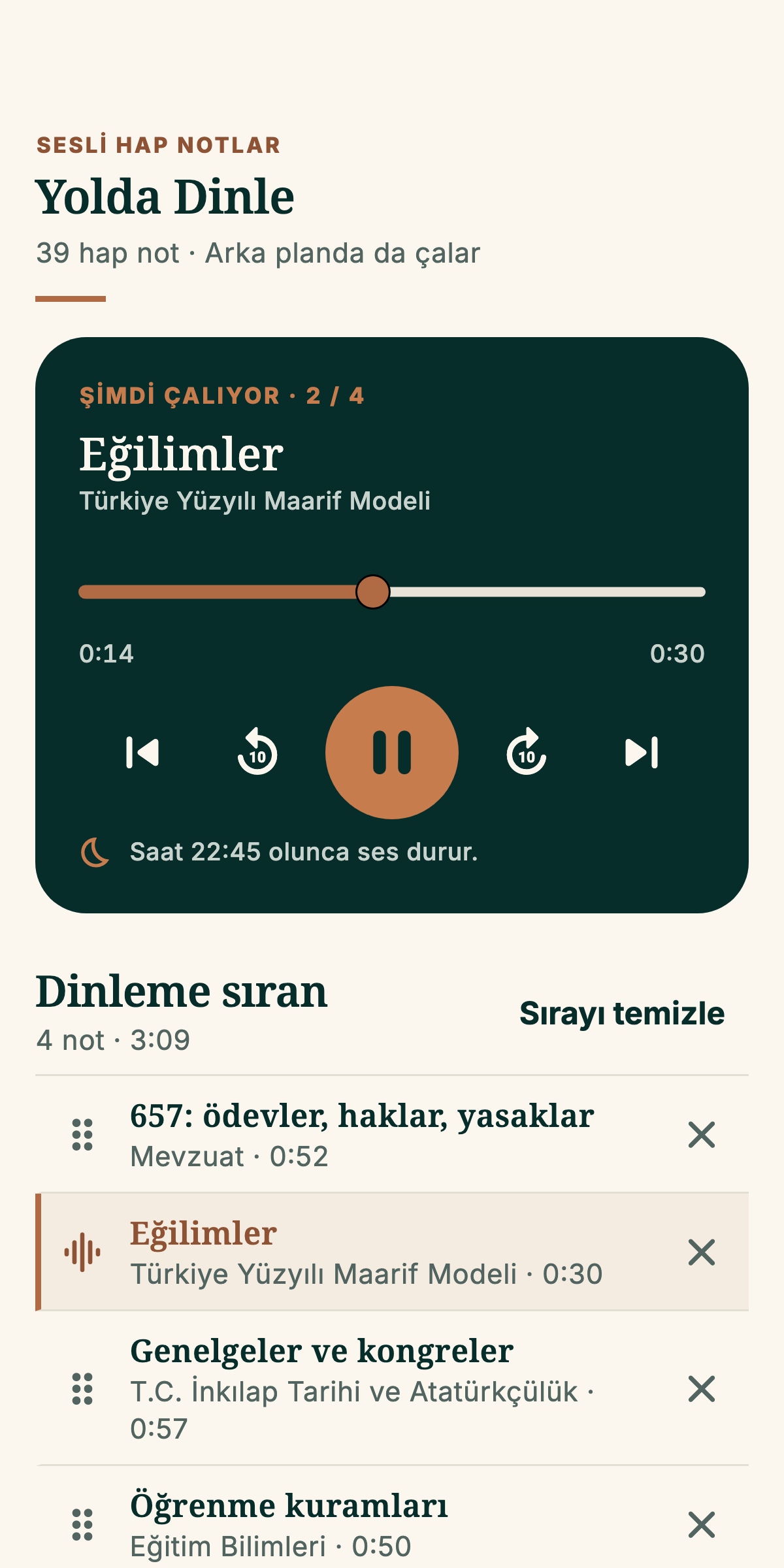 EKYS 2027 Yolda Dinle, çalan hap not, dinleme sırası ve uyku zamanlayıcısı, telefon görünümü